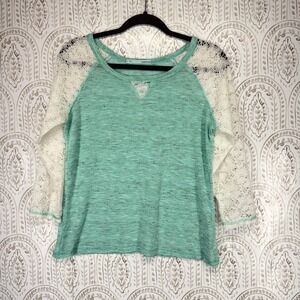 Maurices Lace Raglan Top Womens Medium Mint Green Space Dye 3/4 Sleeve Knit